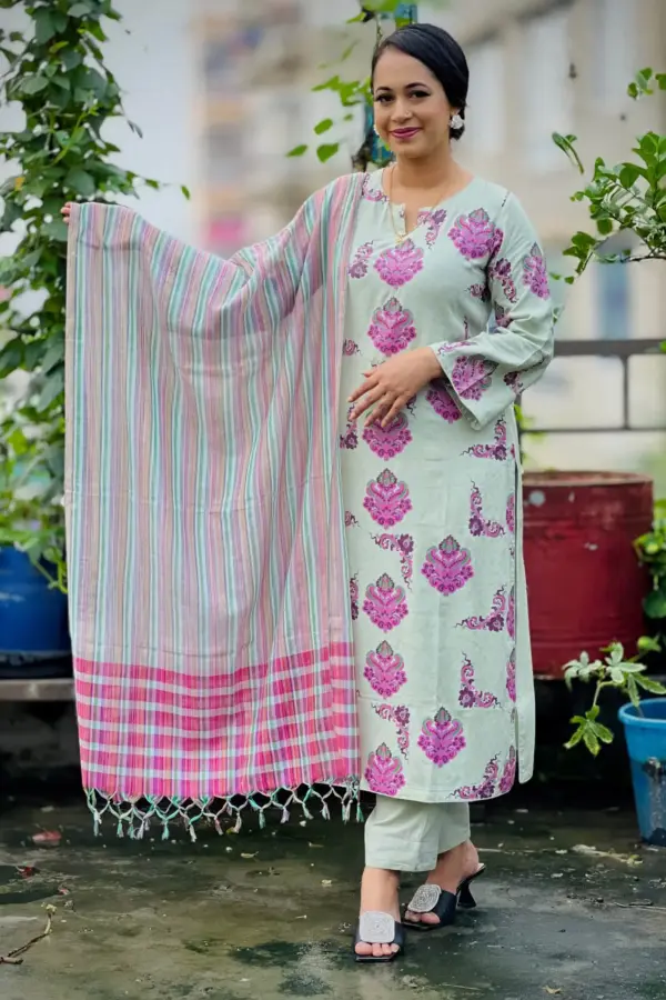 light dusty mint viscose jacquard screen printed salwar suit