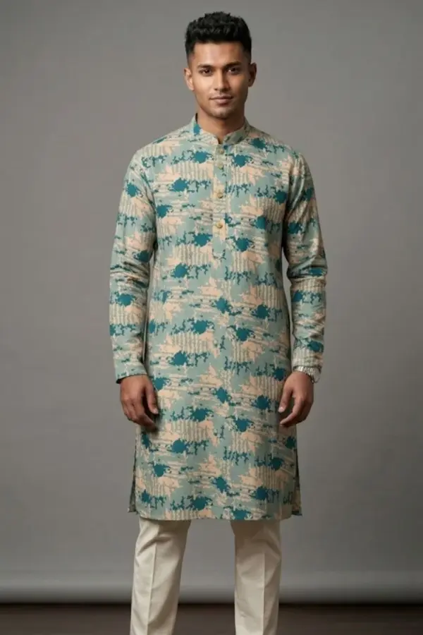 light mint viscose screen printed panjabi