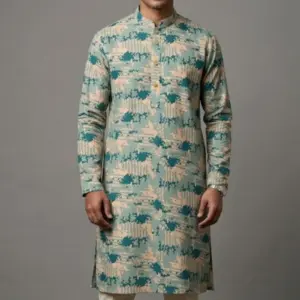 light mint viscose screen printed panjabi