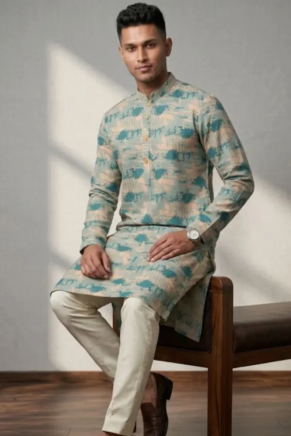 light mint viscose screen printed panjabi