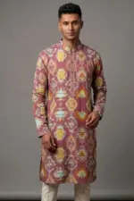 deep peach color screen printed viscose panjabi