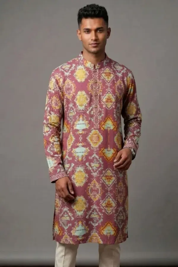 deep peach color screen printed viscose panjabi