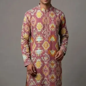 deep peach color screen printed viscose panjabi