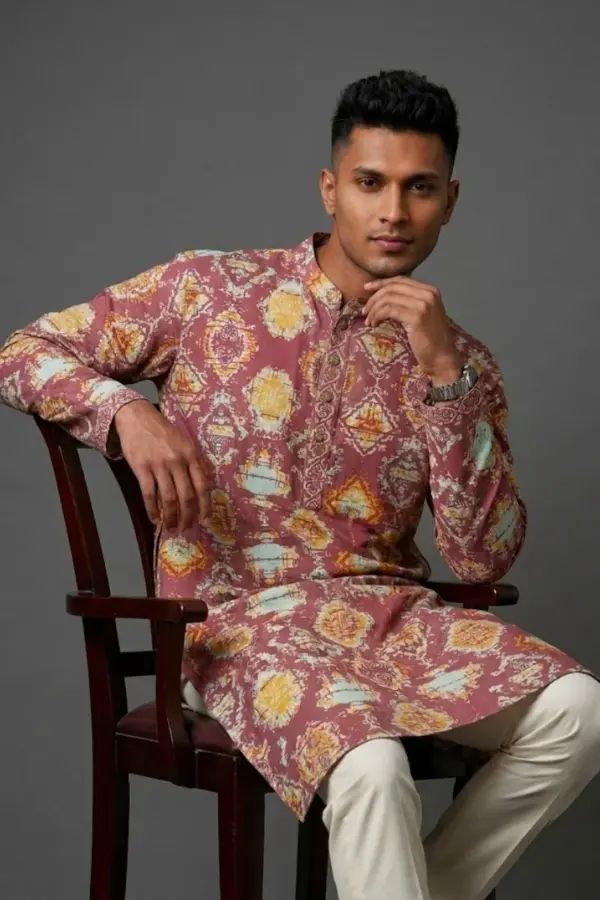 deep peach color screen printed viscose panjabi