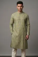 olive color viscose screen printed panjabi