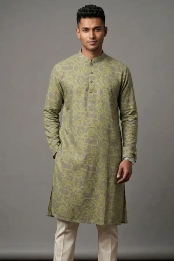 olive color viscose screen printed panjabi