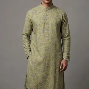 olive color viscose screen printed panjabi