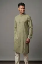 olive color viscose screen printed panjabi