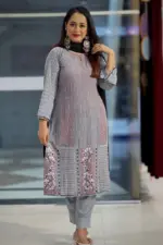 ash viscose screen printed & hand embroidered salwar suit