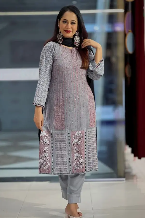 ash viscose screen printed & hand embroidered salwar suit