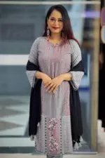 ash viscose screen printed & hand embroidered salwar suit