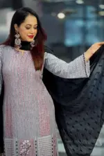 ash viscose screen printed & hand embroidered salwar suit