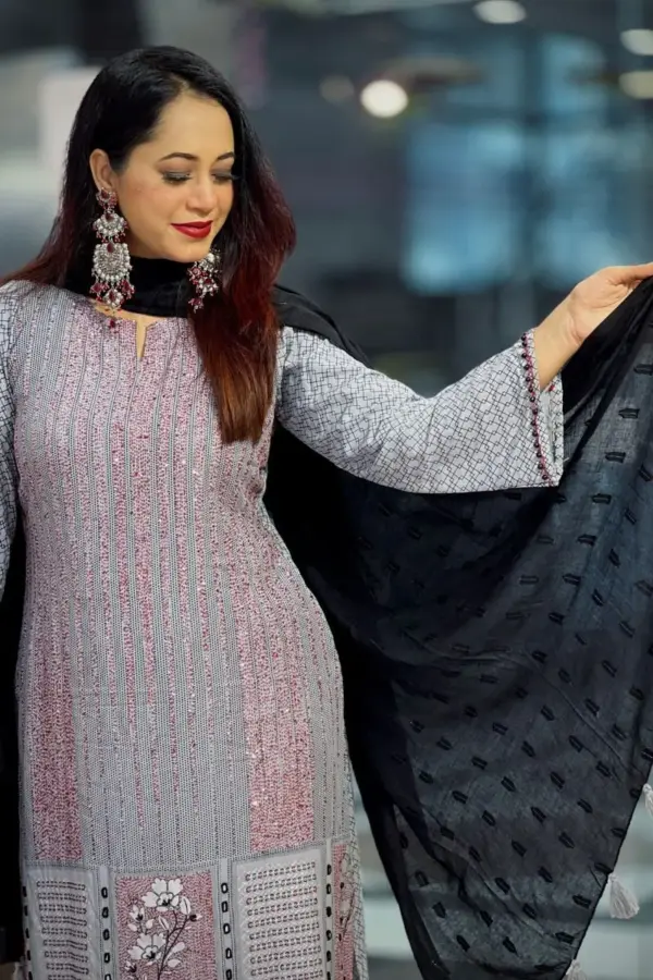 ash viscose screen printed & hand embroidered salwar suit