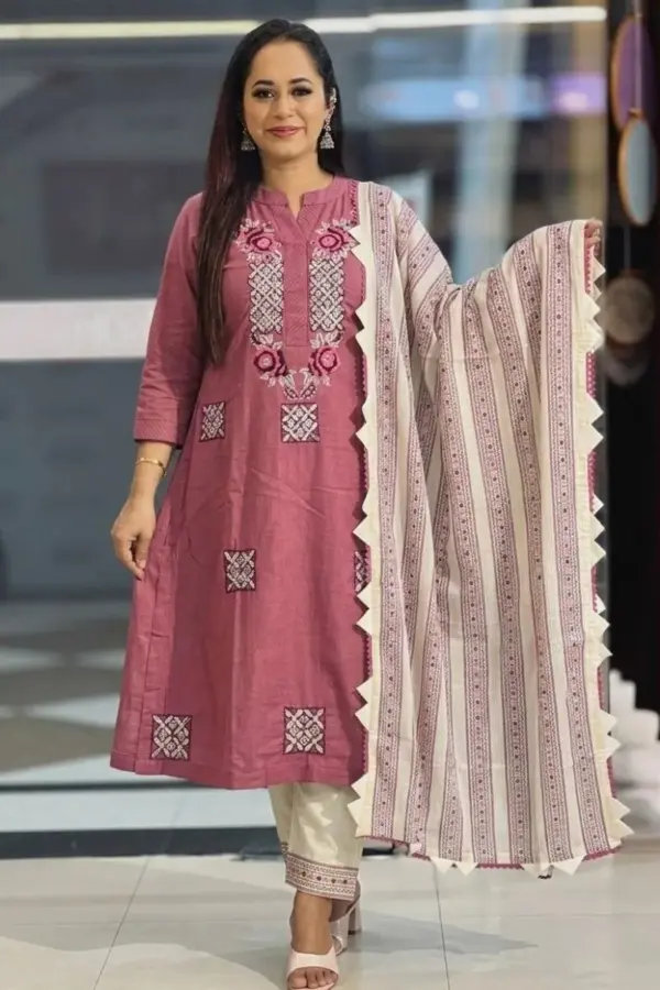 mauve pink color jacquard cotton salwar suit