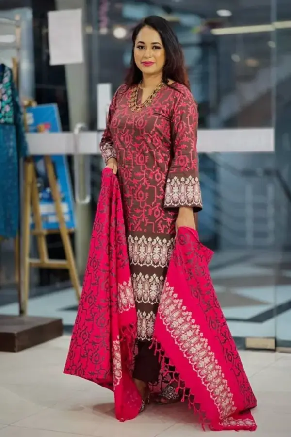 coffee colour viscose screen printed salwar suit