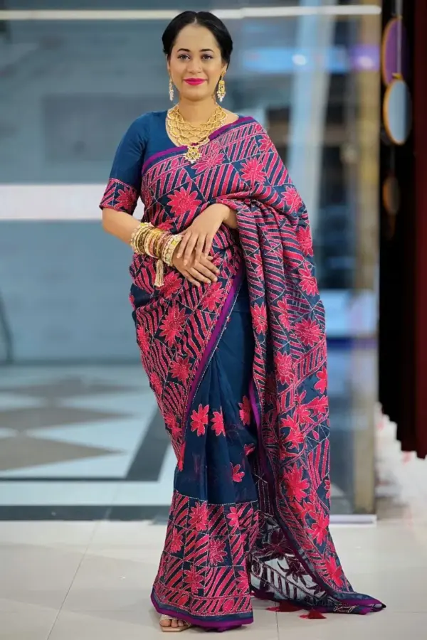 navy blue hand embroidered muslin saree