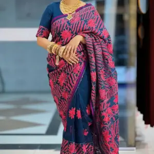 navy blue hand embroidered muslin saree