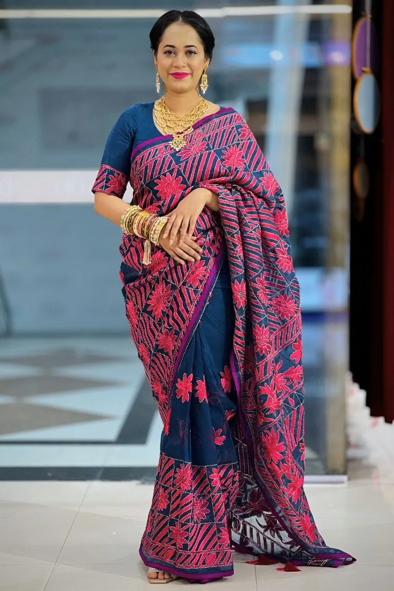 navy blue hand embroidered muslin saree navy blue hand embroidered muslin saree
