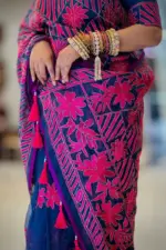 navy blue hand embroidered muslin saree