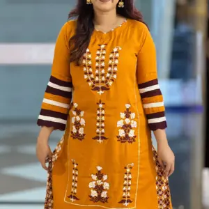 golden oak screen printed & hand embroidered kurti