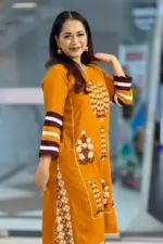 golden oak screen printed & hand embroidered kurti