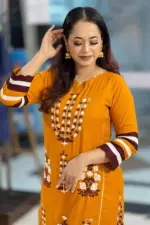 golden oak screen printed & hand embroidered kurti