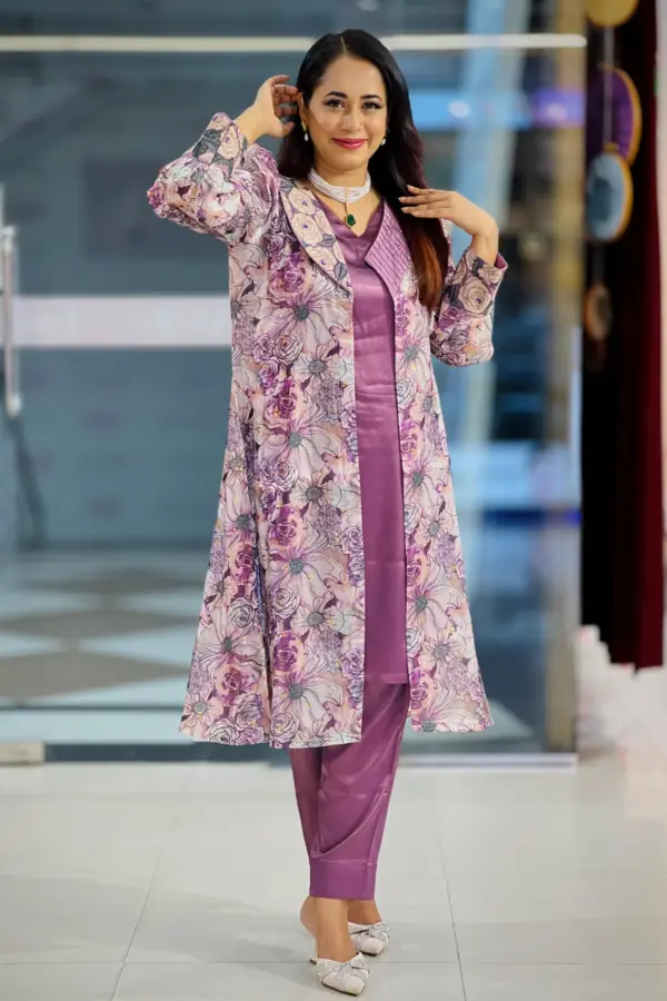 deep purple colour jimmy choo & satin fabric shrug set
