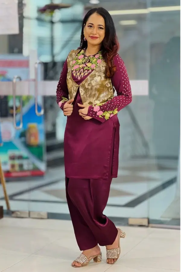 jam colour silk machine embroidered coaty set