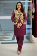 jam colour silk machine embroidered coaty set