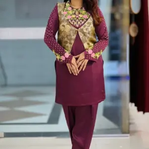 jam colour silk machine embroidered coaty set