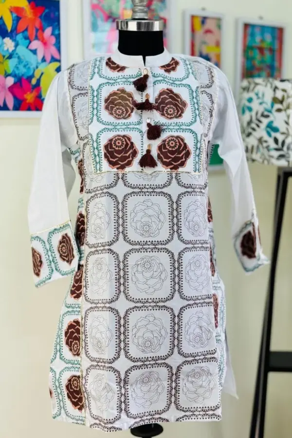 white colour rayon silk screen printed kurti