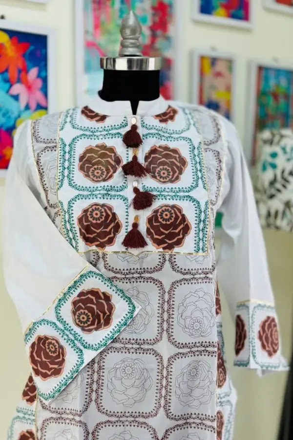 white colour rayon silk screen printed kurti